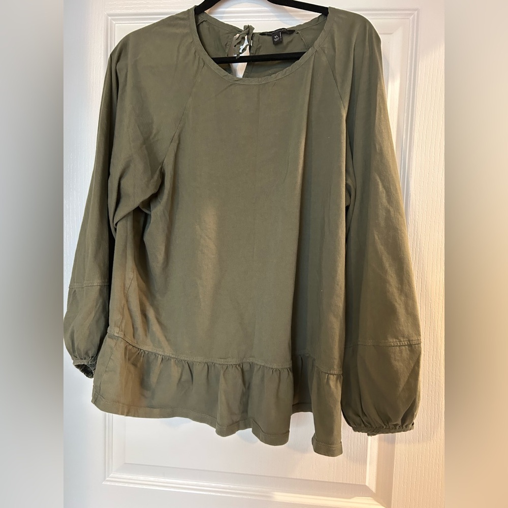 Banana Republic Olive Green Long Sleeve Ruffle Hem Blouse